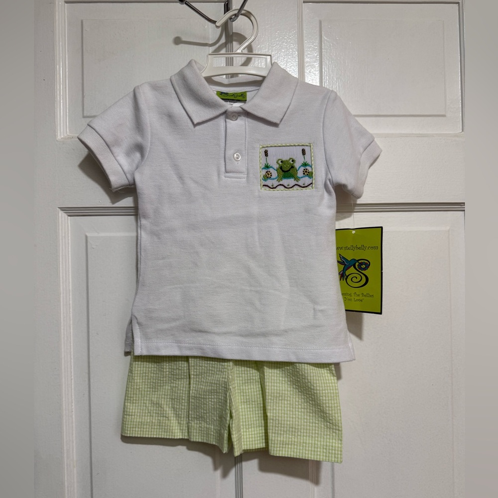 NEW 12 Month Boys Smocked‎ Polo Shorts Set Summer Frog Spring